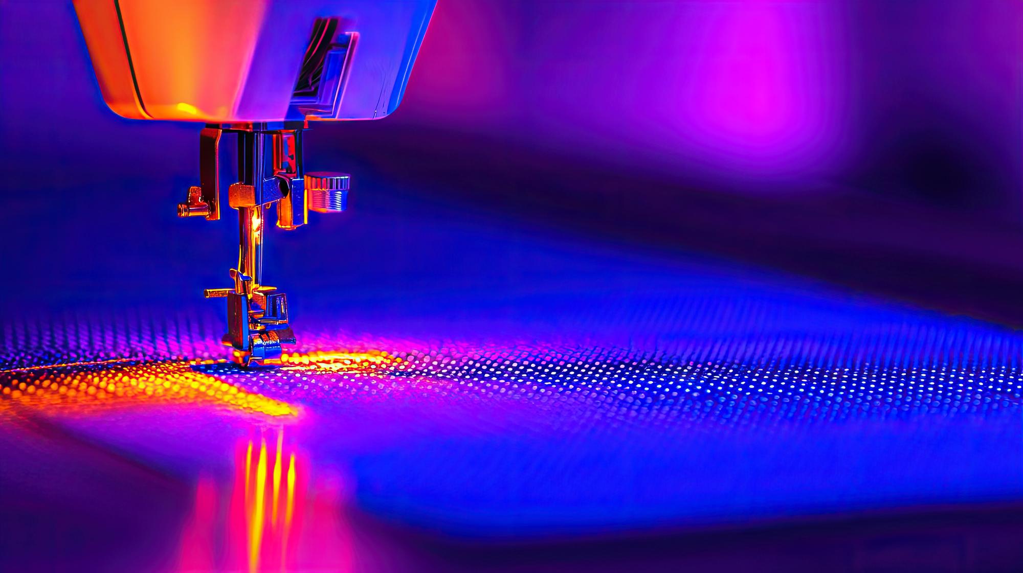 Close-up of high-tech embroidery machine stitching neon thread